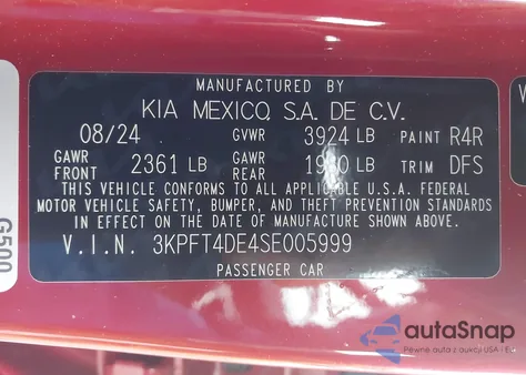 2025 Kia K4 Lxs from USA, damaged, VIN 3KPFT4DE4SE005999